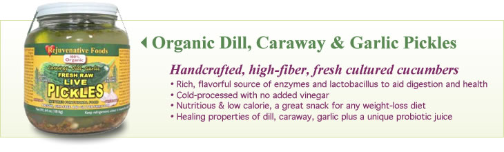 Organic Dill, Caraway and Garlic Pickles - handcrafted, high-fiber, fresh cultured cucumbers with no added vinegar