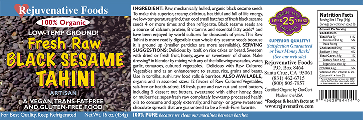 Fresh Raw|Black Sesame Tahini|Organic label Pure|In-Glass|Low Temp Ground|smooth|satisfaction guarantee||high protein||essential minerals||Gluten Free||GMO free||