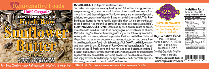 Fresh Raw Sunflower Seed Butter Organic label Pure In Glass Low Temp creamy smooth Plastic free satisfaction guarantee Vitamins Trans-fat free GMO Free Gluten Free